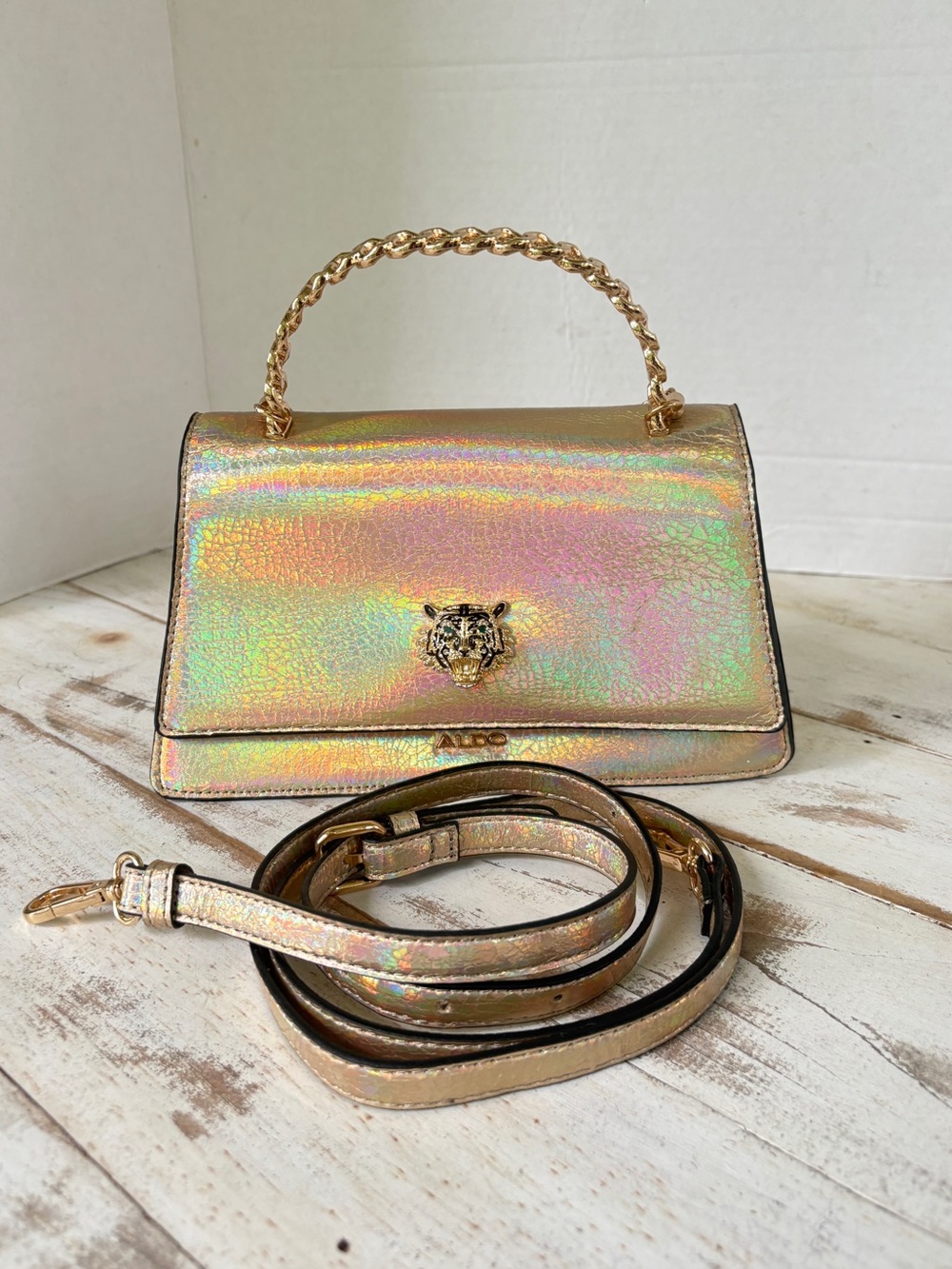 ALDO Pumoori Metallic Iridescent Gold Tiger purse Top Handle Crossbody Bag NWOT